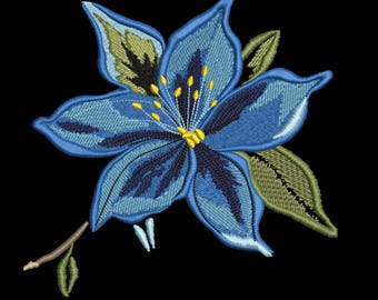 May include: Embroidered blue flower with yellow accents and green leaves on a black background. The flower has multiple petals with varying shades of blue and detailed stitching. The leaves are a mix of green and yellow.