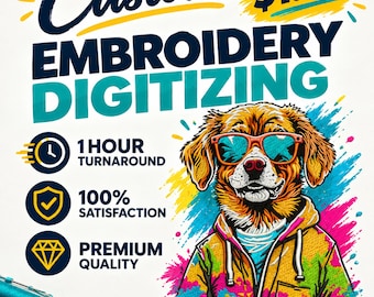 May include: A promotional graphic for custom embroidery digitising featuring a dog wearing sunglasses and a hoodie. Text includes Custom Embroidery Digitising, 1 Hour Turnaround, 100% Satisfaction, Premium Quality, and Order Now. Spools of thread are visible.