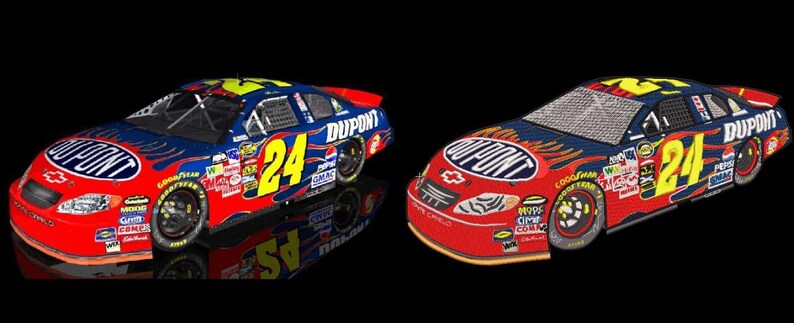 May include: Two stock car models featuring a red and blue paint scheme with yellow flame accents. The cars display the number 24 in yellow on the sides and roof, along with DuPont branding, Chevrolet logos, and various sponsor decals on the exterior.