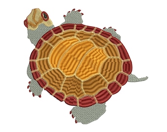 May include: An embroidered patch of a turtle featuring a textured gray body, a tan head with red eye markings, and a shell with a bright yellow center surrounded by a wide, deep red border with distinct segmented patterns.