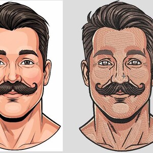 May include: A digital illustration of a person with dark brown hair and a prominent, curled handlebar mustache. The image displays two versions side-by-side: one with smooth, flat colors and another with a detailed, cross-hatched embroidery texture.