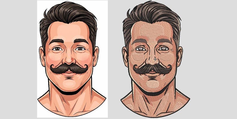 May include: A digital illustration of a person with dark brown hair and a prominent, curled handlebar mustache. The image displays two versions side-by-side: one with smooth, flat colors and another with a detailed, cross-hatched embroidery texture.