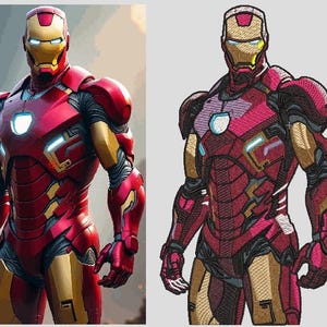 May include: A side-by-side comparison of a character in a red and gold armored suit. The left image shows a smooth, metallic finish, while the right image displays an embroidered version of the same suit with visible stitching and textured patterns.