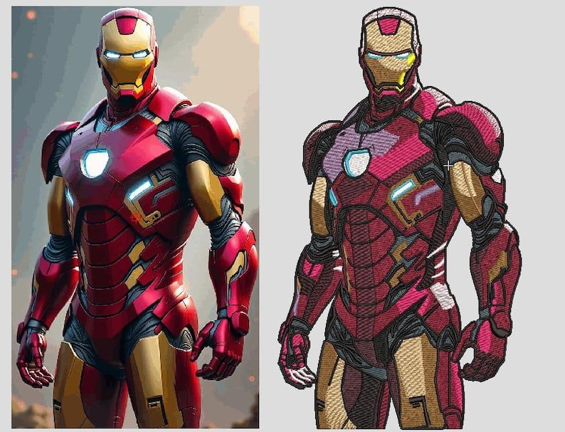 May include: A side-by-side comparison of a character in a red and gold armored suit. The left image shows a smooth, metallic finish, while the right image displays an embroidered version of the same suit with visible stitching and textured patterns.