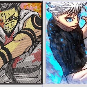 May include: A split-panel comic illustration featuring two characters in dynamic combat poses. One character has white hair and blue eyes, while the other has black hair, facial markings, and a white sleeveless top with black arm bands.