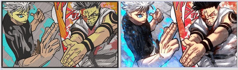 May include: A split-panel comic illustration featuring two characters in dynamic combat poses. One character has white hair and blue eyes, while the other has black hair, facial markings, and a white sleeveless top with black arm bands.