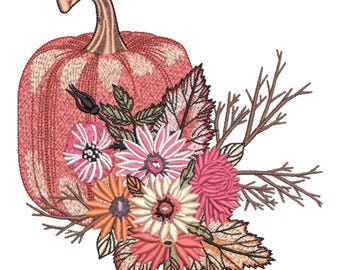 May include: An embroidery design featuring a textured pink pumpkin with a brown stem, accented by a cluster of flowers in shades of pink, cream, and orange, along with brown leaves and thin bare branches, all rendered in detailed stitching.