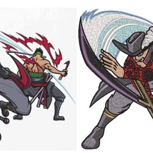 May include: An embroidered patch design featuring two anime-style characters in a dynamic combat pose. One character wears a black hat with a white feather, a red patterned jacket, and grey pants, wielding a large sword. The other character has green hair.