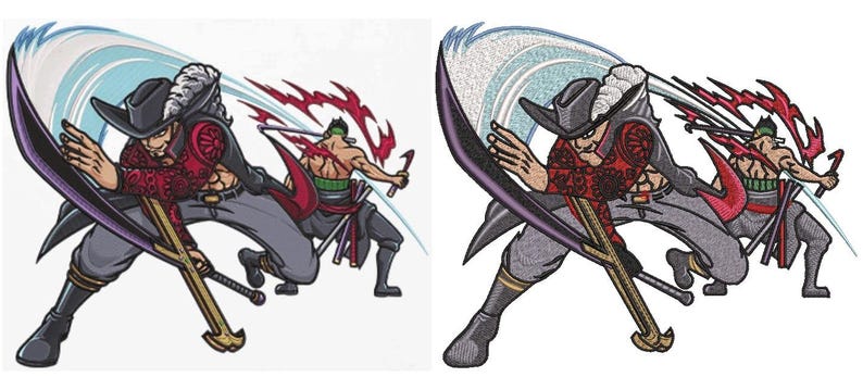 May include: An embroidered patch design featuring two anime-style characters in a dynamic combat pose. One character wears a black hat with a white feather, a red patterned jacket, and grey pants, wielding a large sword. The other character has green hair.