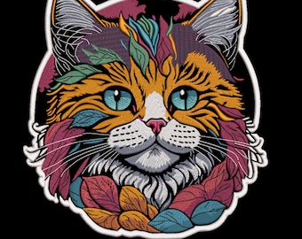 May include: An embroidered patch featuring the head of a cat with orange, white, and gray fur. The cat is surrounded by stylized leaves in shades of teal, magenta, and orange. The design has a white border and bright blue eyes.