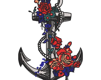 May include: An embroidered patch featuring a gray anchor wrapped in a white rope. The design is decorated with vibrant red roses, blue flowers, and green leaves. The anchor has black outlines and shading, creating a detailed graphic illustration.