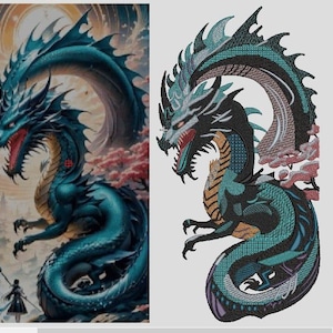 May include: A digital embroidery design featuring a stylized dragon with teal, black, and tan scales, a curved body, sharp spines, and an open mouth. The design includes intricate stitching patterns and a small cluster of pink floral elements.