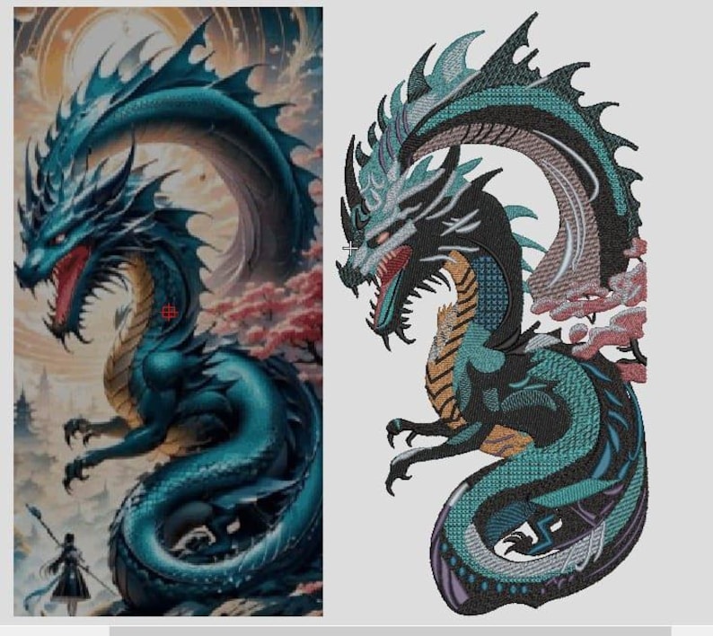 May include: A digital embroidery design featuring a stylized dragon with teal, black, and tan scales, a curved body, sharp spines, and an open mouth. The design includes intricate stitching patterns and a small cluster of pink floral elements.