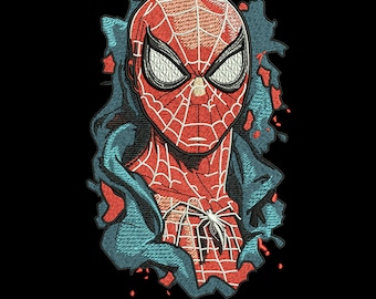 May include: An embroidered patch featuring a red and blue Spider-Man character design. The character has a red mask with white webbed patterns and large white eyes, set against a textured blue background that appears to be tearing away.
