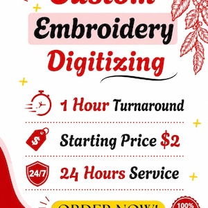 May include: A white promotional sign with red text reading Custom Embroidery Digitizing, 1 Hour Turnaround, Starting Price $2, 24 Hours Service, and ORDER NOW!. It features a red coffee plant illustration, a 24/7 shield icon, and a 100% Quality Guaranteed seal.