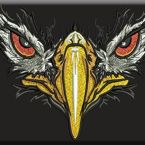 May include: An embroidered patch featuring a stylized eagle head design. The eagle has piercing red eyes, white and black feathered details, and a prominent yellow beak with a central white vertical stripe, all set against a solid black background.