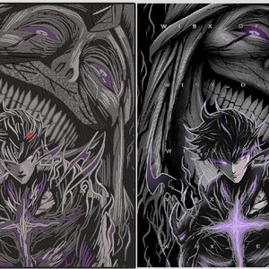 May include: A graphic illustration featuring a dark-haired character with glowing purple eyes and a purple cross-shaped aura, positioned in front of a large, menacing, shadowy figure with a wide, toothy grin and glowing purple eyes, labeled WISX DESIGN.