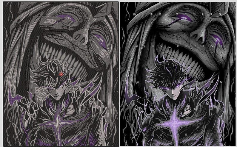 May include: A graphic illustration featuring a dark-haired character with glowing purple eyes and a purple cross-shaped aura, positioned in front of a large, menacing, shadowy figure with a wide, toothy grin and glowing purple eyes, labeled WISX DESIGN.