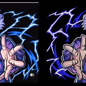 May include: A digital illustration of a character with spiky white hair and a purple jacket, extending both hands forward. A glowing blue spiral energy orb is centered on the chest, surrounded by bright blue lightning bolts and the text MANG GOJO.