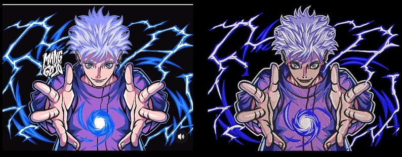 May include: A digital illustration of a character with spiky white hair and a purple jacket, extending both hands forward. A glowing blue spiral energy orb is centered on the chest, surrounded by bright blue lightning bolts and the text MANG GOJO.