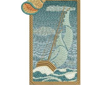 May include: An embroidered rectangular patch featuring a sailboat on wavy blue water under clouds, framed by a tan border. A tan and teal seashell is positioned at the top left corner, overlapping the frame of the nautical scene.