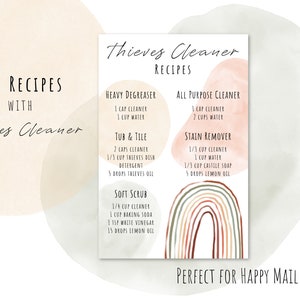 May include: Printable DIY cleaning recipes using Thieves cleaner. The recipes include Heavy Degreaser, Tub & Tile, Soft Scrub, All Purpose Cleaner, and Stain Remover. The design features a rainbow and watercolour-style background.