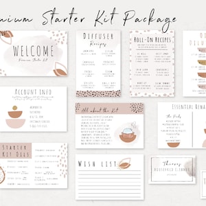 Könnte beinhalten: Ein Satz bedruckbarer Karten in einer neutralen Farbpalette aus Braun, Rosa und Weiß. Die Karten enthalten Text über ätherische Öle, darunter Willkommen, Kontoinformationen, Starter-Kit-Öle, Diffuser-Rezepte, Roll-on-Rezepte, Ölverdünnung, essentielle Belohnungen, Wunschliste, Thieves-Haushaltsreiniger und Thieves-Fleckenentferner.