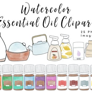 Op de afbeelding: Waterverf clipart van essentiële olieflessen, een diffuser, een theepot en zeepdispensers. Er zijn 25 PNG-afbeeldingen inbegrepen.
