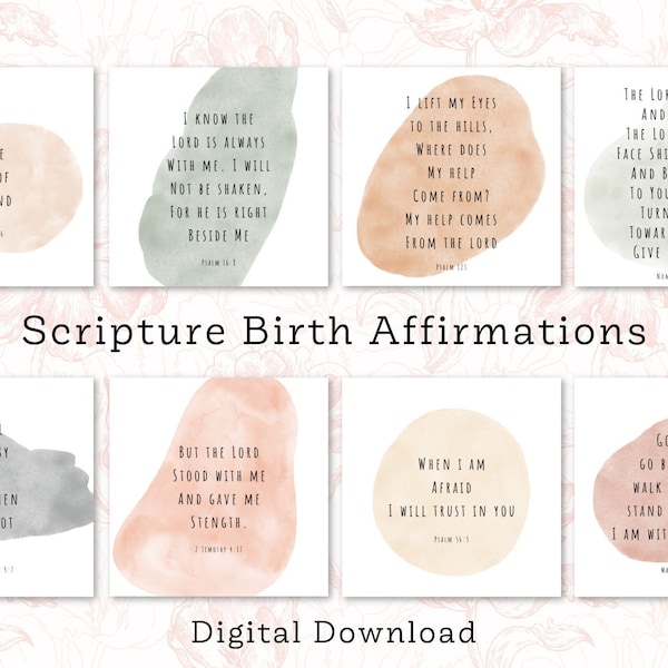 Christian Birth Affirmation Cards 8 Pack. Digital Download. Scripture Birth Quotes. Bible Verse. Positive Birth Cards