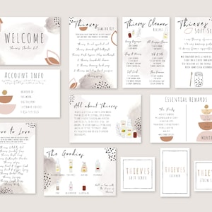 May include: A set of printable cards with information about Thieves essential oil products. The cards feature a watercolor background with abstract shapes and text in black and brown. The cards include information about the Thieves Starter Kit, Thieves Cleaner Recipes, Thieves Soft Scrub, Essential Rewards, All About Thieves, The Goodies, Thieves Oil Scrub, Thieves Cleaner, and Thieves Stain Stick.