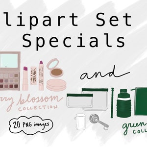 May include: Digital clipart set with makeup items from the "Cherry Blossom Collection" and green accessories. Includes eyeshadow palettes, lipsticks, and compacts, plus green travel items. The image also includes the text "Clipart Set 4 Specials" and "20 PNG images".
