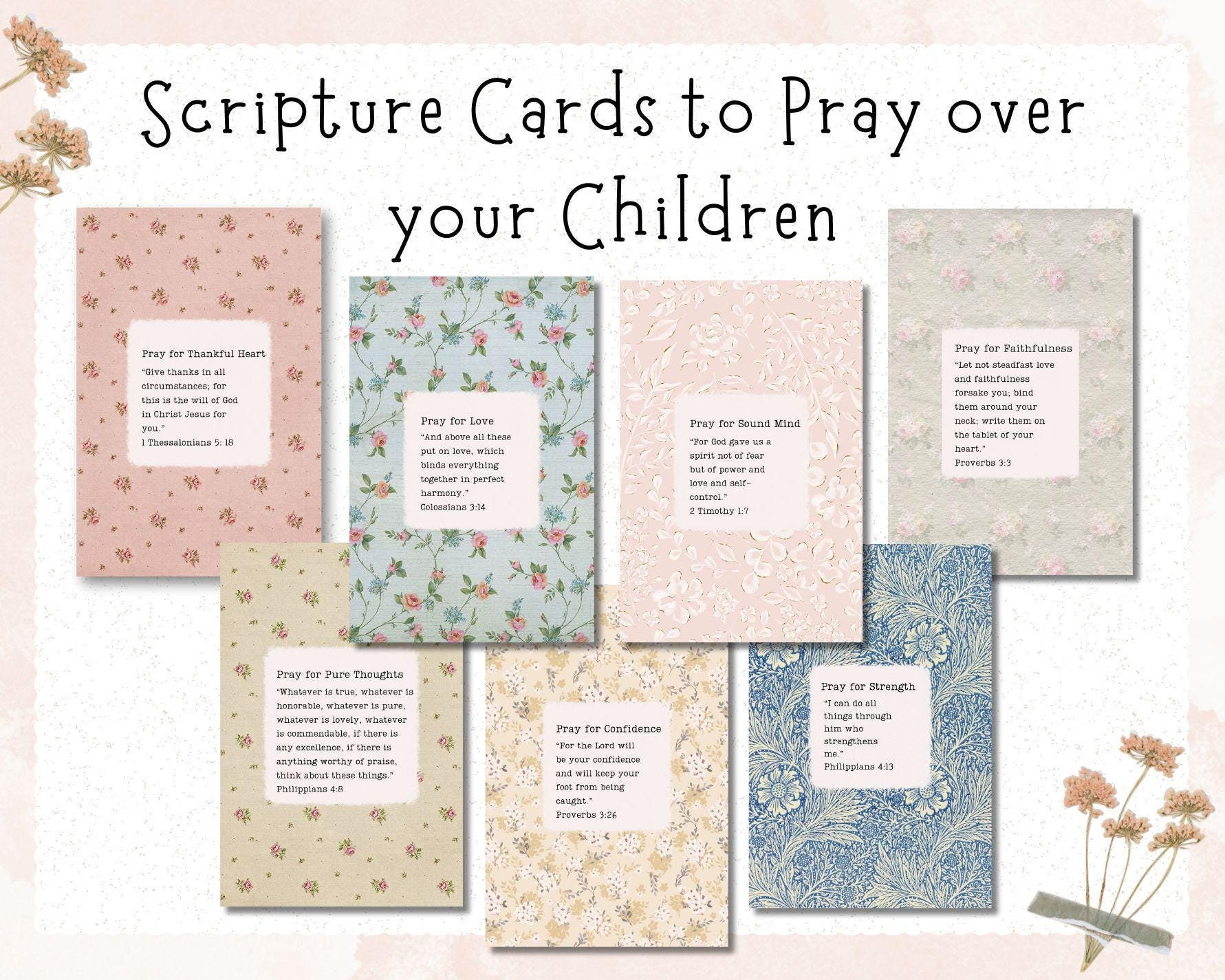 Christian Scripture Prayer Cards. 18 Prayer Cards to Pray Over your Children. Bible Verses. Pray The Word of God. Digital Download.