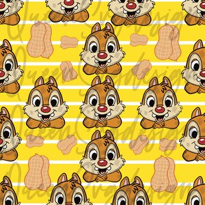 May include: A seamless pattern featuring a cartoon chipmunk with a brown and tan fur, wearing a red nose and a white smile. The chipmunk is surrounded by peanuts on a yellow background with white stripes.