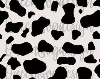 Puede incluir: Un patrón sin costuras con manchas de vaca negras sobre un fondo blanco. Las manchas son irregulares en forma y tamaño, creando un diseño clásico de estampado de vaca.