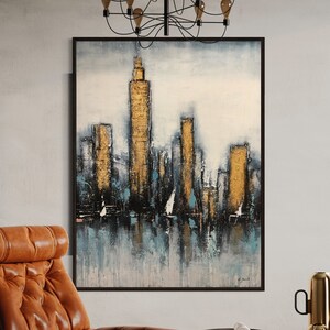 Abstract Golden Manhattan. Expressionist Modern Art. 36*48 inches hand-painted. Abstract landscape.
