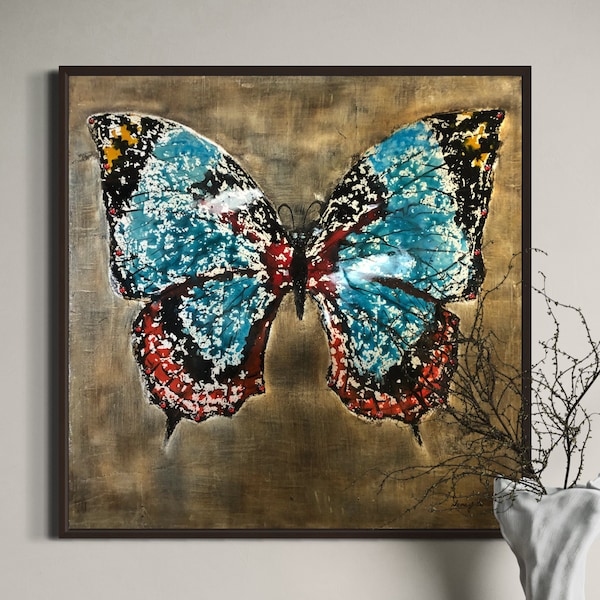 Eine Reihe von Gemälden. Lebendige Farben Acryl auf Leinwand. Exotischer Schmetterling. 30 * 30 '' Quadratisches Gemälde. Moderne Kunst, Bronze und Blau gekennzeichnet.