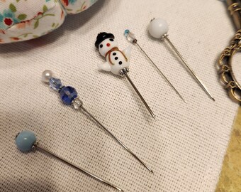 Glass Snowman with blue and white bead pins