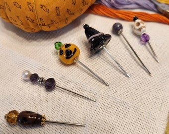 Witches black hat glass bead with Pumpkin and skulls and purple bead pins