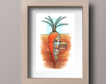 May include: A watercolour illustration of a carrot with a house inside. The carrot is orange and the house is brown with white windows. The carrot is growing out of the ground and has green leaves on top.