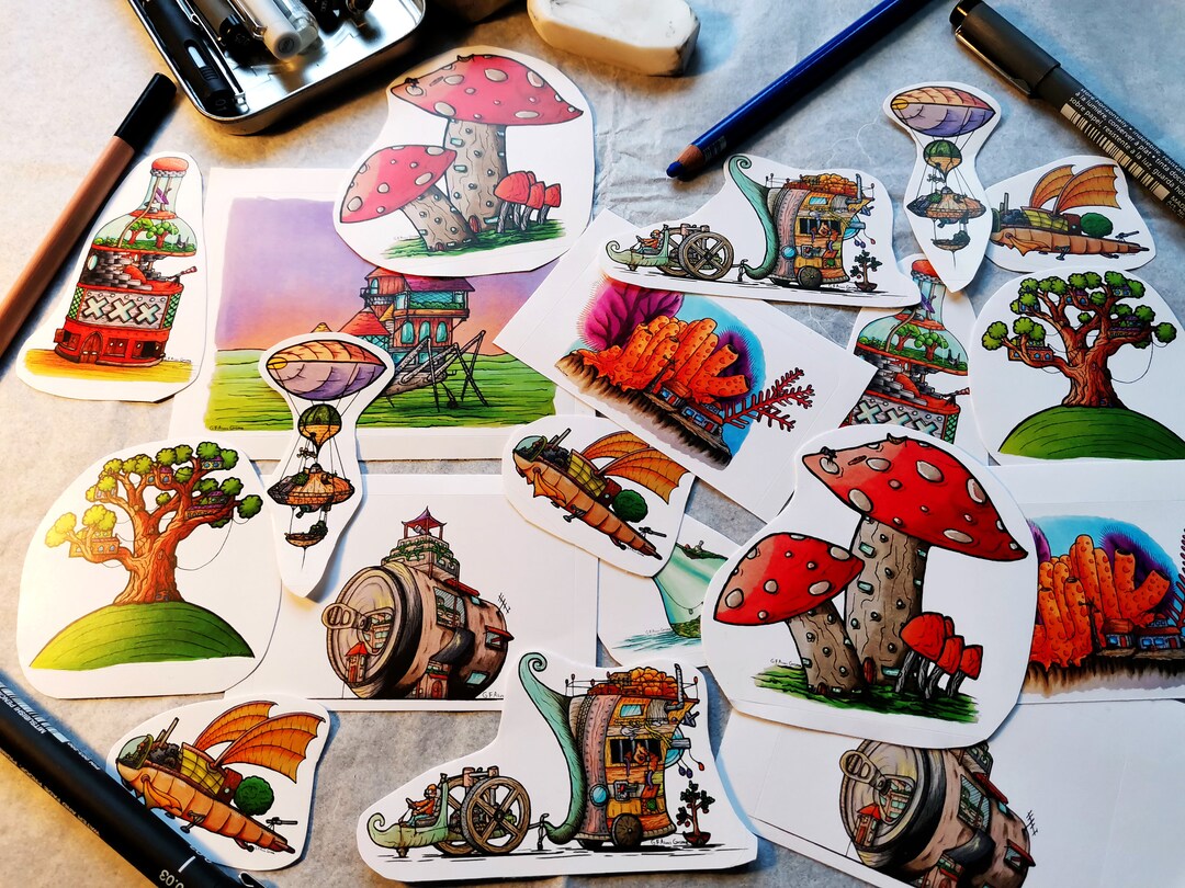 Sticker Collection, Set of 10 Unique Stickers, Balloons, Bottles, Trees ...