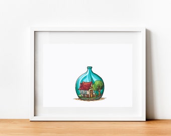 Bottle House - A4 Illustration, Original Art, Giclée Print, Cottage, Bottle, Fantasy