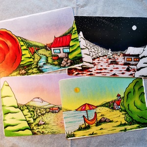 Vier Jahreszeiten Postkarten Set, Landschaften des Frühlings, Sommer, Herbst, Winter