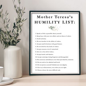 Mother Teresa&#39;s Humility List printable, Humility practice, Be Humble print, Mother Teresa&#39;s quote wall art, Be Humble List, Christian gift