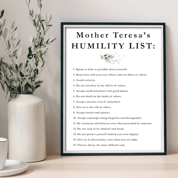 Mother Teresa's Humility List printable, Humility practice, Be Humble print, Mother Teresa's quote wall art, Be Humble List, Christian gift