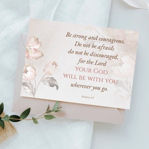 Christelijke wenskaart afdrukbaar, Joshua 1:9 wenskaart, bemoedigende kaart, opbeurende schrift wenskaart, bijbel vers wenskaart