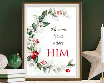 Oh, venid y adorémosle, arte de pared imprimible, arte de pared con las Sagradas Escrituras de Navidad, decoración cristiana de Navidad, versículo bíblico de Navidad imprimible