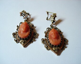 15k victorian oorhangers koraal camee