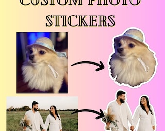 May include: Custom photo stickers with a gradient background. The image shows a dog wearing a hat and a couple holding hands. The text "CUSTOM PHOTO STICKERS" is at the top of the image.
