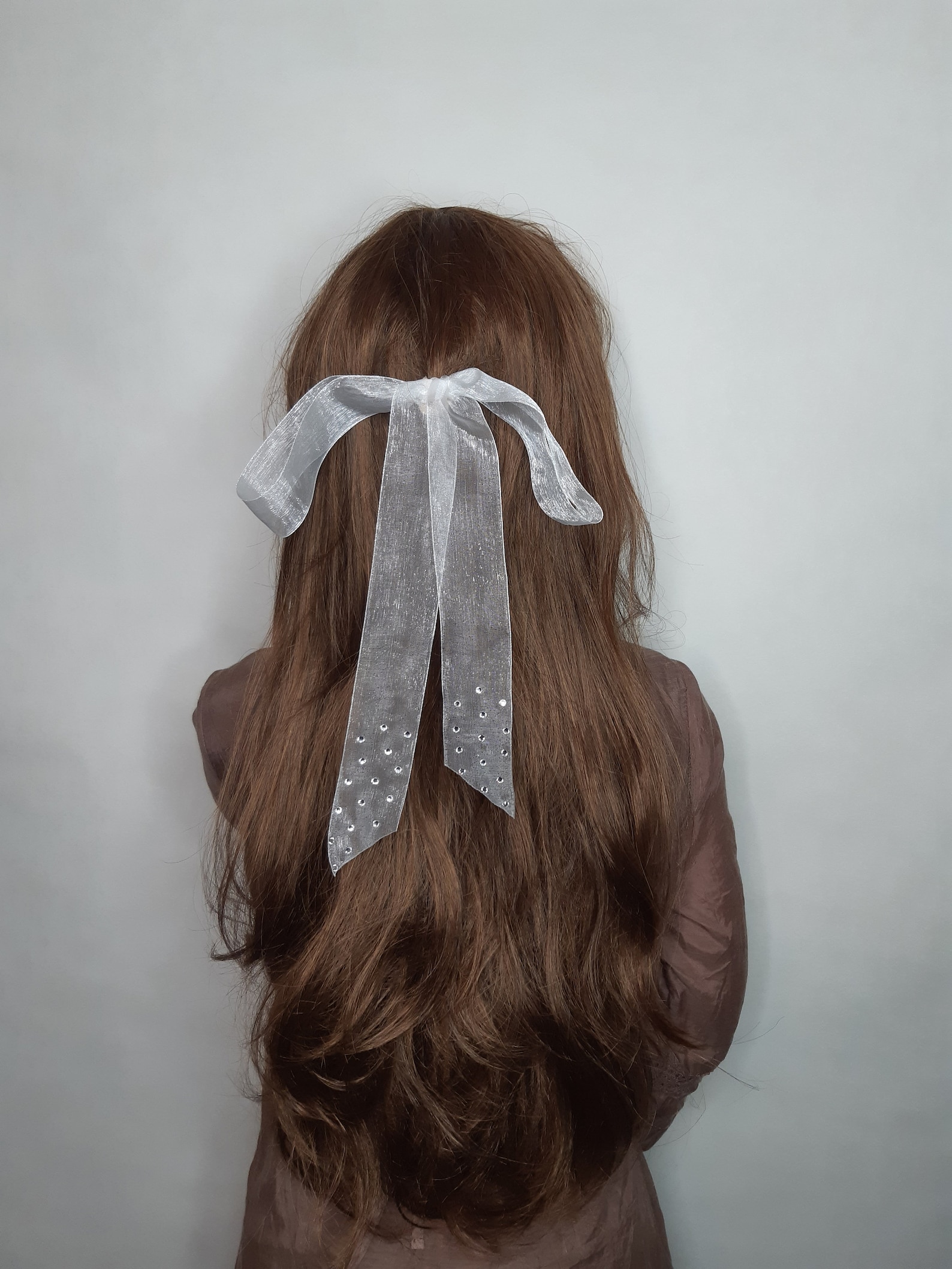 White hair ribbon decorated with rhinestones organza hair Etsy