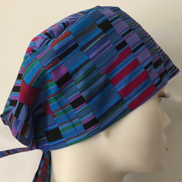 Surgical Cap ~ Headscarf ~ Stripe Kaffe Fassett~   w/Buttons option ~ Scrub Hat ~ Cotton  ~ Food Service ~ Medical / Chemo / Everyday